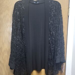 R&M Richards Black Sequin Crochet Open Cardigan